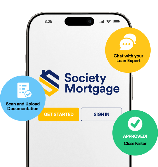 Society Mortgage mobile app with chat, document scan, and approval badges