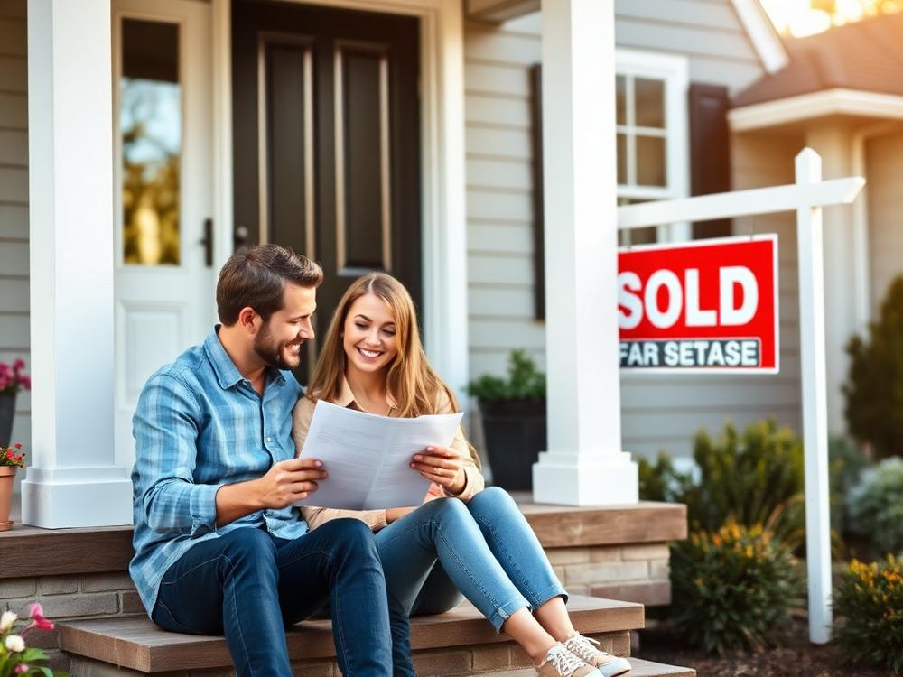 Couple reviewing paperwork on the front porch of a home with a sold sign