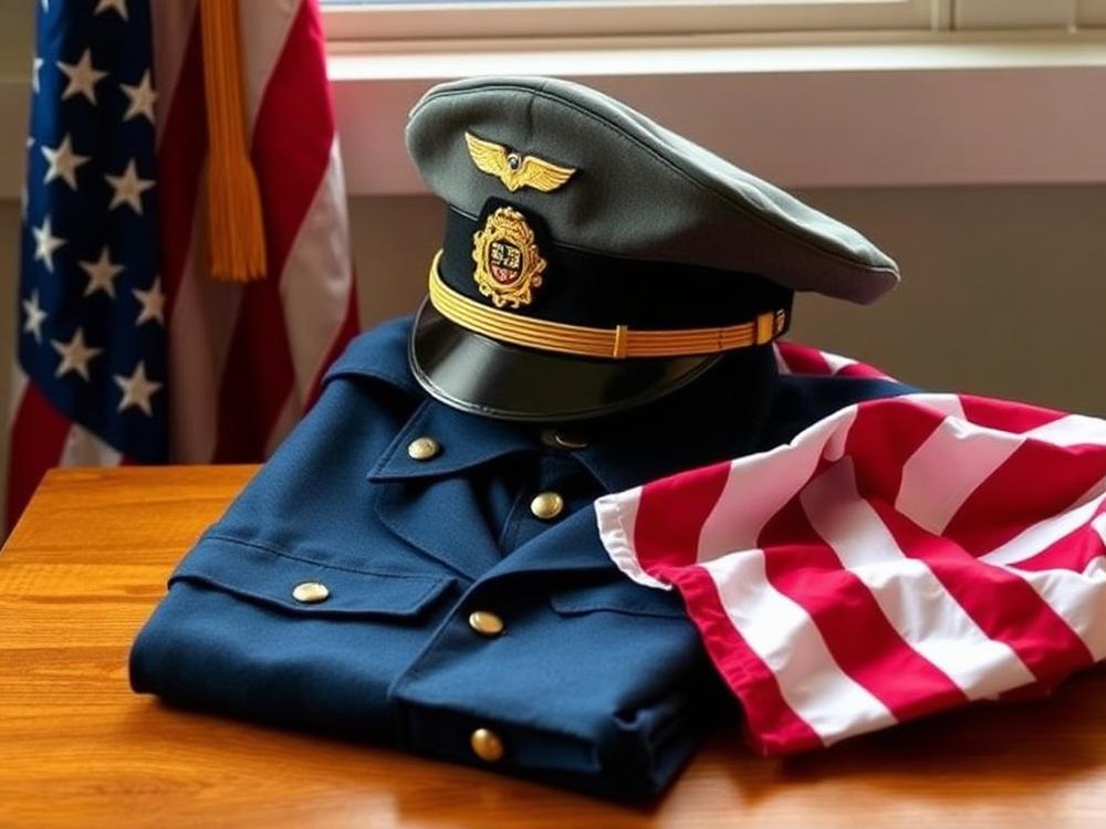 US flag beside a folded military uniform and cap